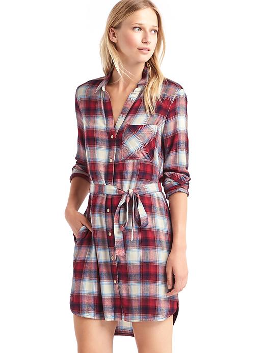 1 of 8 showing, with the color red plaid of product Gap + Pendleton long sleeve shirtdress