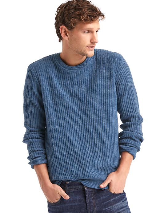 1 of 8 showing, with the color indigo blue of product Merino wool blend ribbed crew sweater
