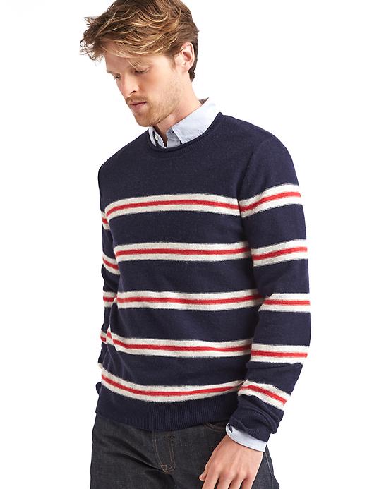 1 of 8 showing, with the color navy/red of product Merino-blend dual-stripe crew sweater