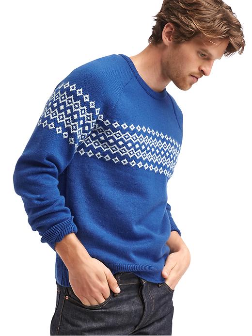 1 of 8 showing, with the color blue/white of product Merino wool blend fair isle crew sweater
