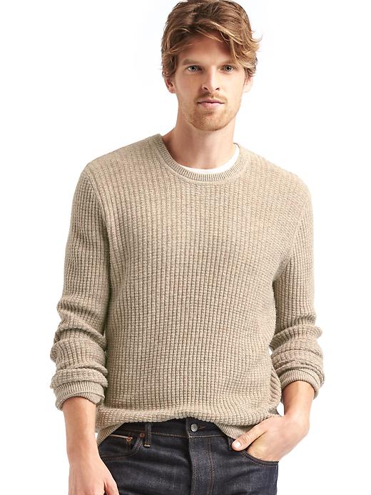 1 of 8 showing, with the color Light Camel of product Merino wool blend ribbed crew sweater