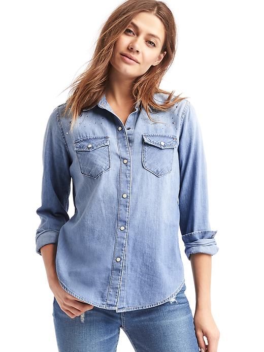 1 of 8 showing, with the color light indigo of product 1969 denim jewel western shirt