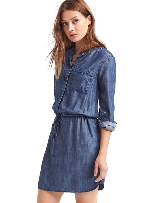 1 of 8 showing, with the color medium indigo of product TENCEL™ long sleeve shirtdress
