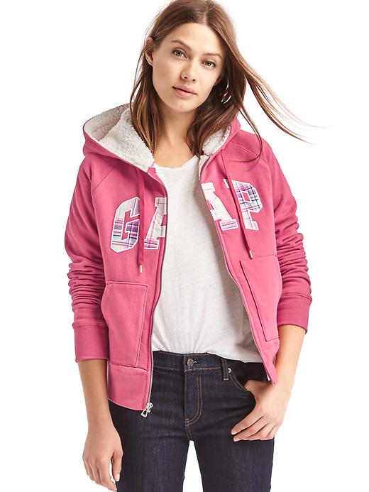 1 of 8 showing, with the color winterberry of product Plaid Gap Logo Sherpa Full-Zip Hoodie