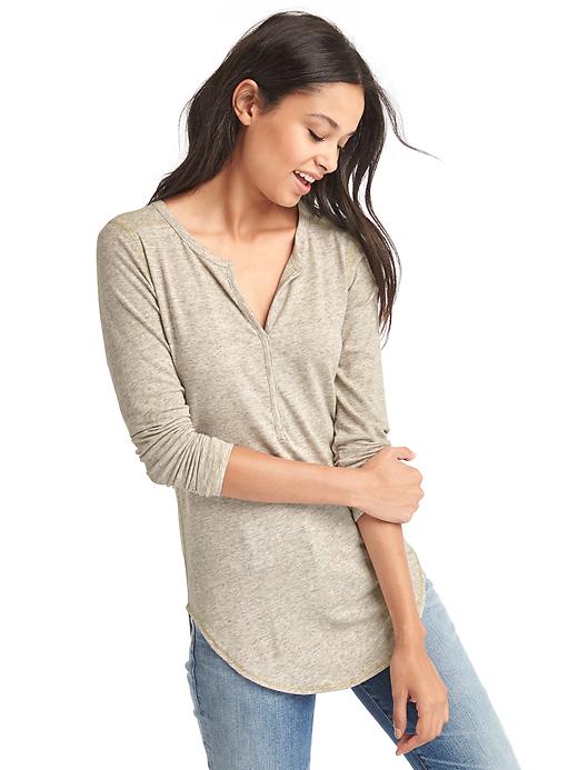 1 of 8 showing, with the color taupe heather of product Metallic-trim henley