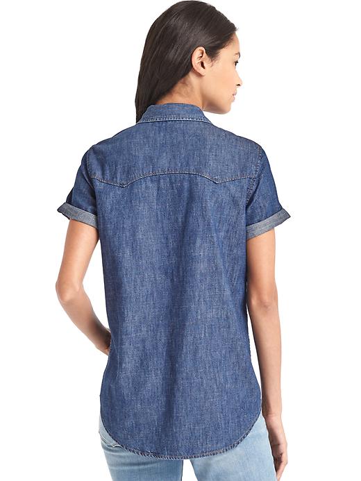 2 of 8 showing, with the color rinsed denim of product 1969 denim short sleeve western shirt