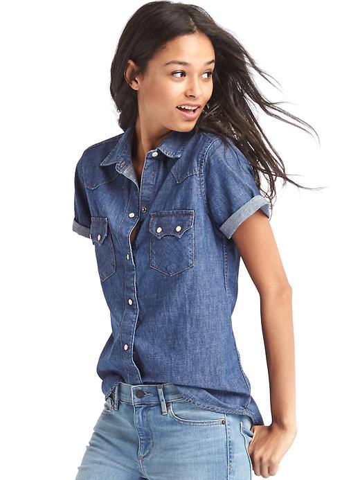 1 of 8 showing, with the color rinsed denim of product 1969 denim short sleeve western shirt