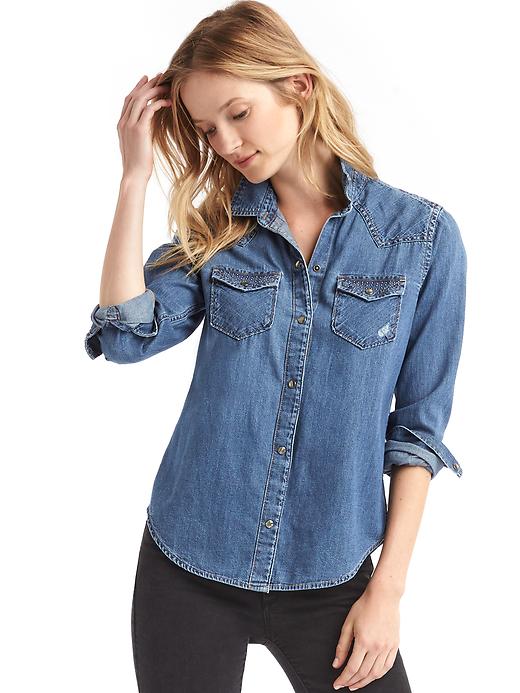 1 of 8 showing, with the color medium indigo of product 1969 denim western stud shirt