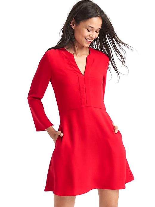 1 of 8 showing, with the color red sunset of product Satin fit & flare split neck dress