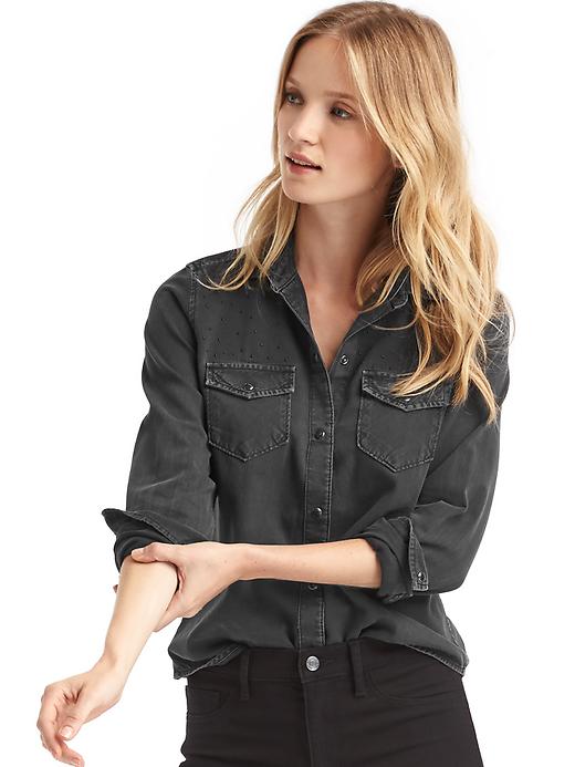 1 of 8 showing, with the color black of product 1969 denim western stud shirt