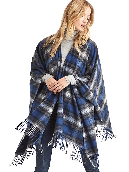1 of 8 showing, with the color blue plaid of product Gap + Pendleton fringe poncho