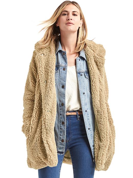 1 of 8 showing, with the color golden khaki of product Cozy sherpa hooded coat