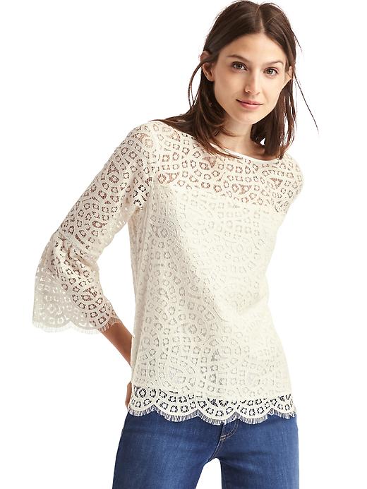 1 of 8 showing, with the color off white of product Crochet lace three-quarter bell sleeve top