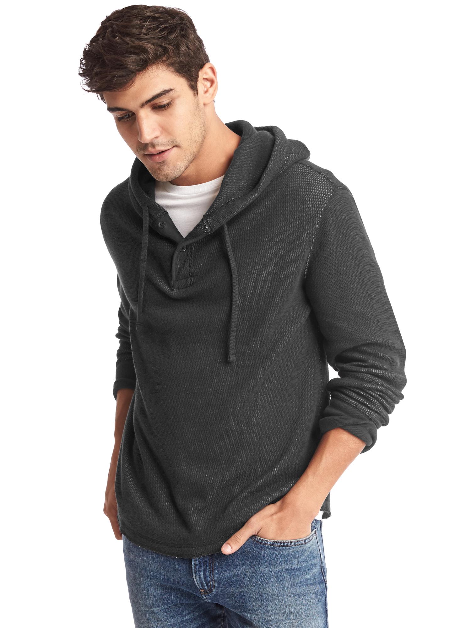Brushed Check  Pocket Thumbholes Henley Hoodie