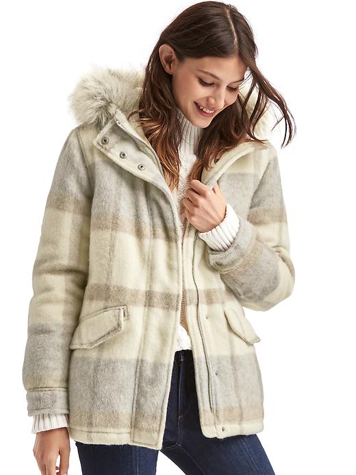 1 of 8 showing, with the color grey plaid of product Wool blend parka