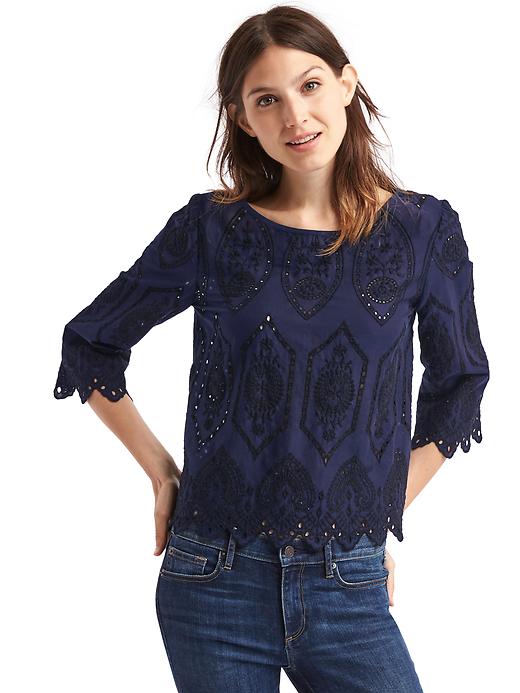 1 of 8 showing, with the color dark night of product Intricate eyelet three-quarter sleeve top