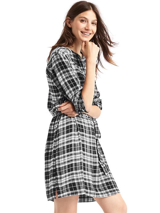 1 of 8 showing, with the color black plaid of product Metallic plaid band collar shirtdress