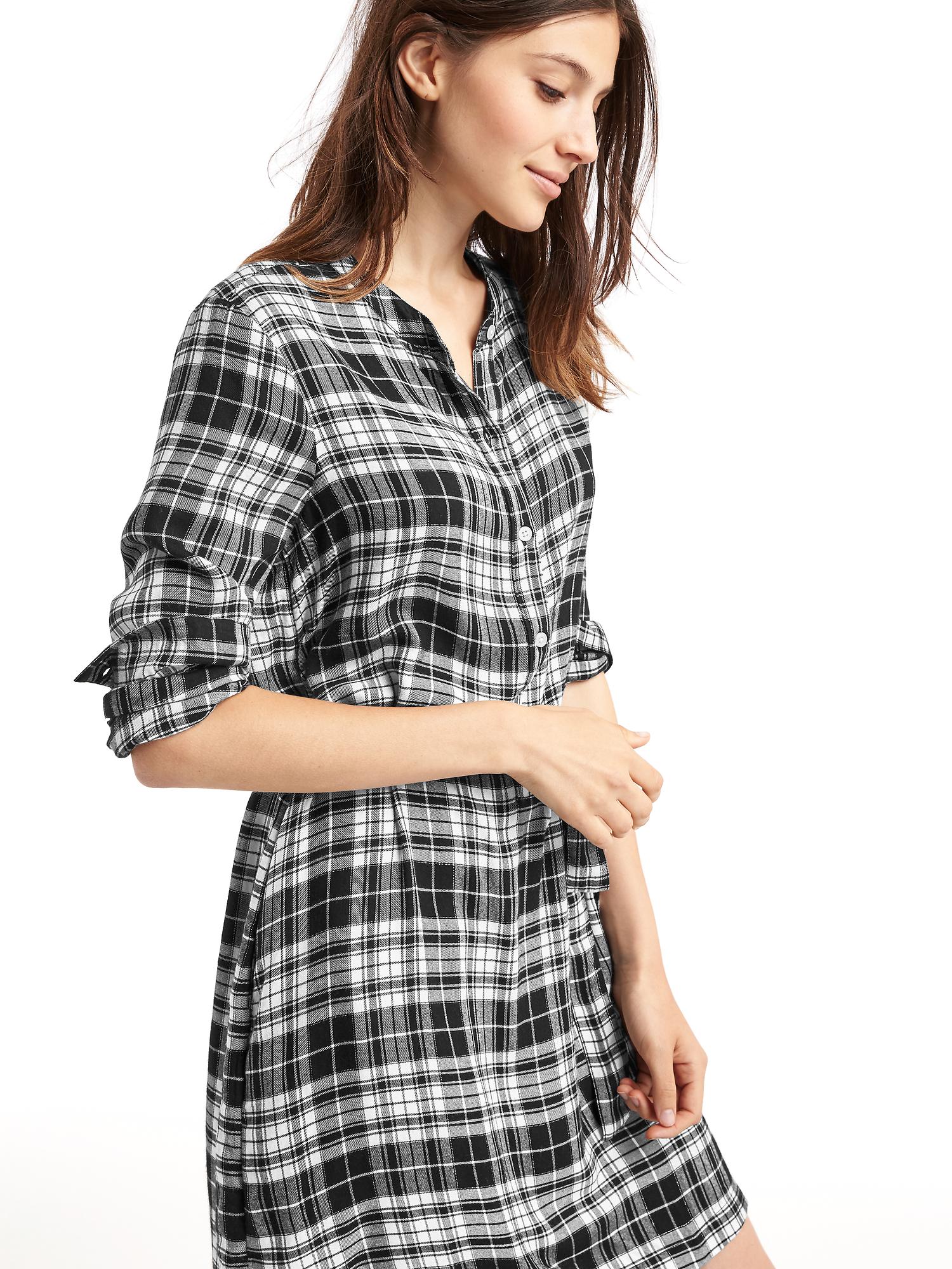 Metallic plaid band collar shirtdress Gap