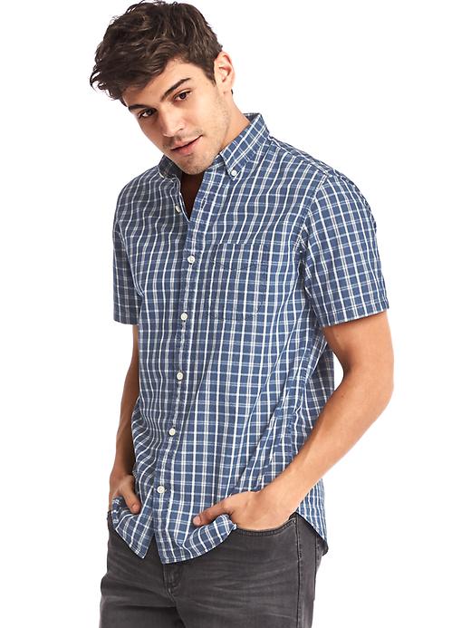 1 of 8 showing, with the color navy of product Indigo twill plaid short sleeve standard fit shirt
