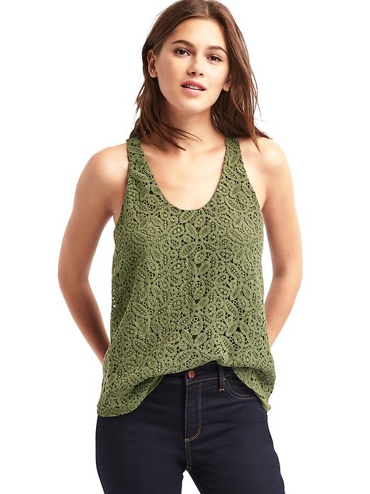 1 of 8 showing, with the color army jacket green of product Crochet lace scoop tank
