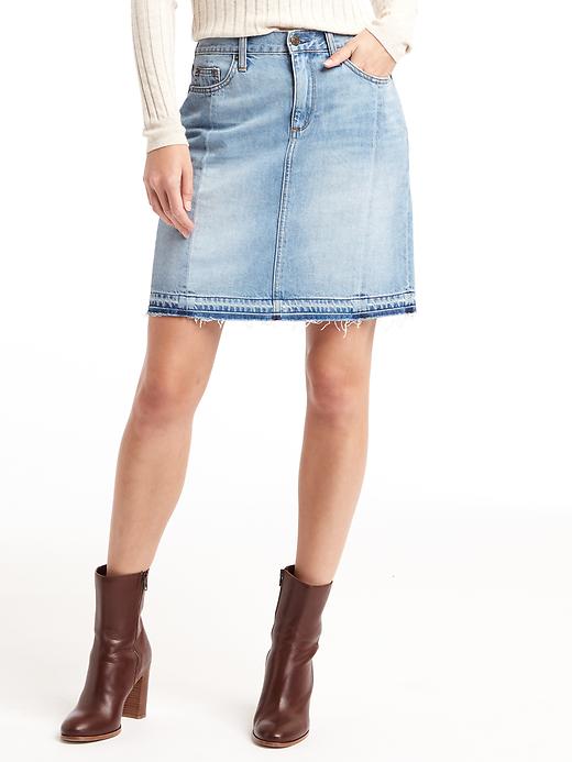 1 of 8 showing, with the color light indigo of product 1969 denim let-down hem skirt