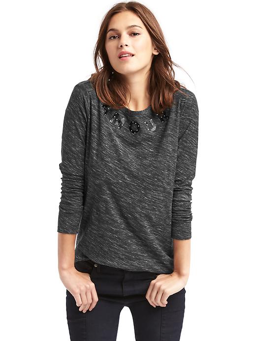 1 of 8 showing, with the color charcoal of product Amour studded graphic long sleeve tee