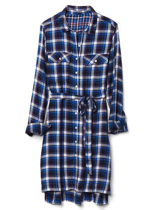 1 of 8 showing, with the color blue plaid of product Plaid tie belt shirtdress
