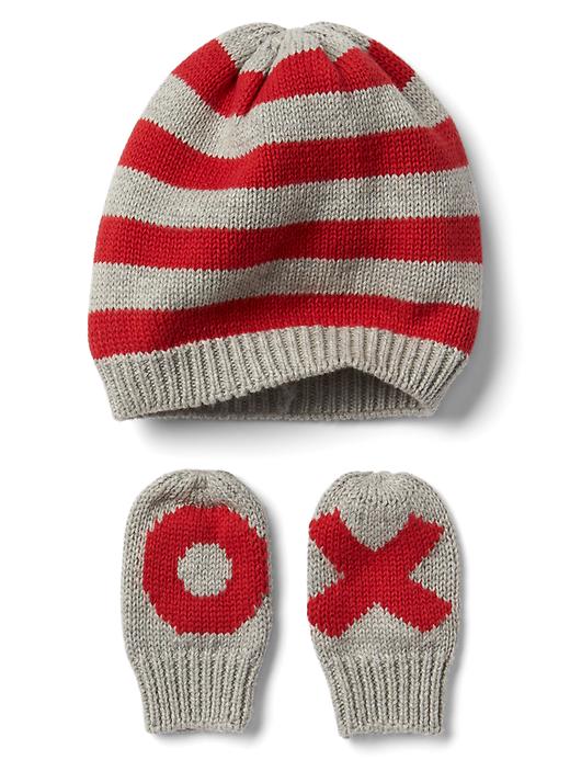 1 of 8 showing, with the color modern red of product Love stripe hat and mitten set