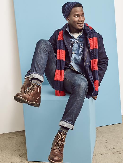2 of 8 showing, with the color navy red stripe of product Merino striped scarf