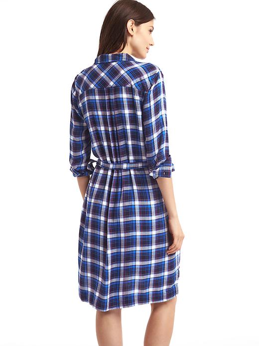 2 of 8 showing, with the color blue plaid of product Plaid tie belt shirtdress