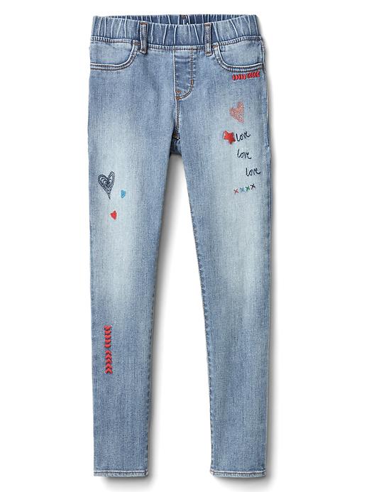 2 of 8 showing, with the color medium wash of product High stretch doodle embroidery skimmer jeggings