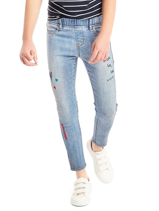 1 of 8 showing, with the color medium wash of product High stretch doodle embroidery skimmer jeggings