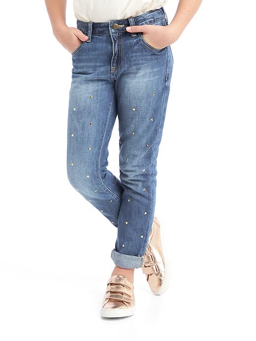 1 of 8 showing, with the color indigo of product Kids Studded Girlfriend Ankle Jeans