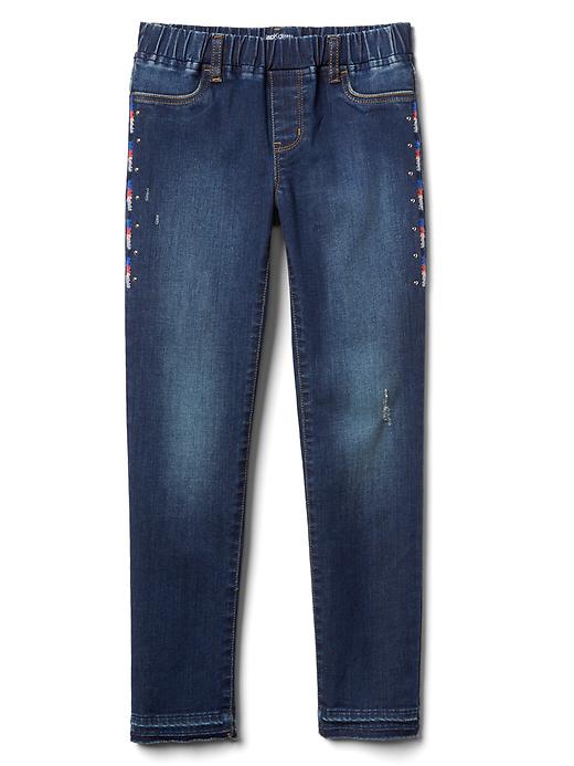 2 of 8 showing, with the color dark wash of product High stretch side embroidery skimmer jeggings