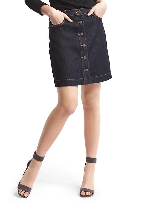 1 of 8 showing, with the color rinsed denim of product 1969 stretch denim mini skirt