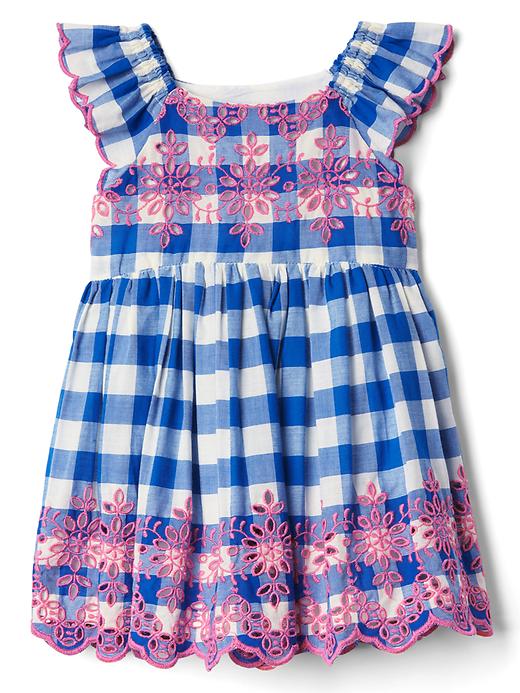 1 of 8 showing, with the color plaid of product Eyelet Flutter Dress