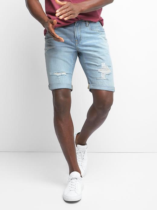 1 of 8 showing, with the color indigo of product Denim destructed shorts (10")