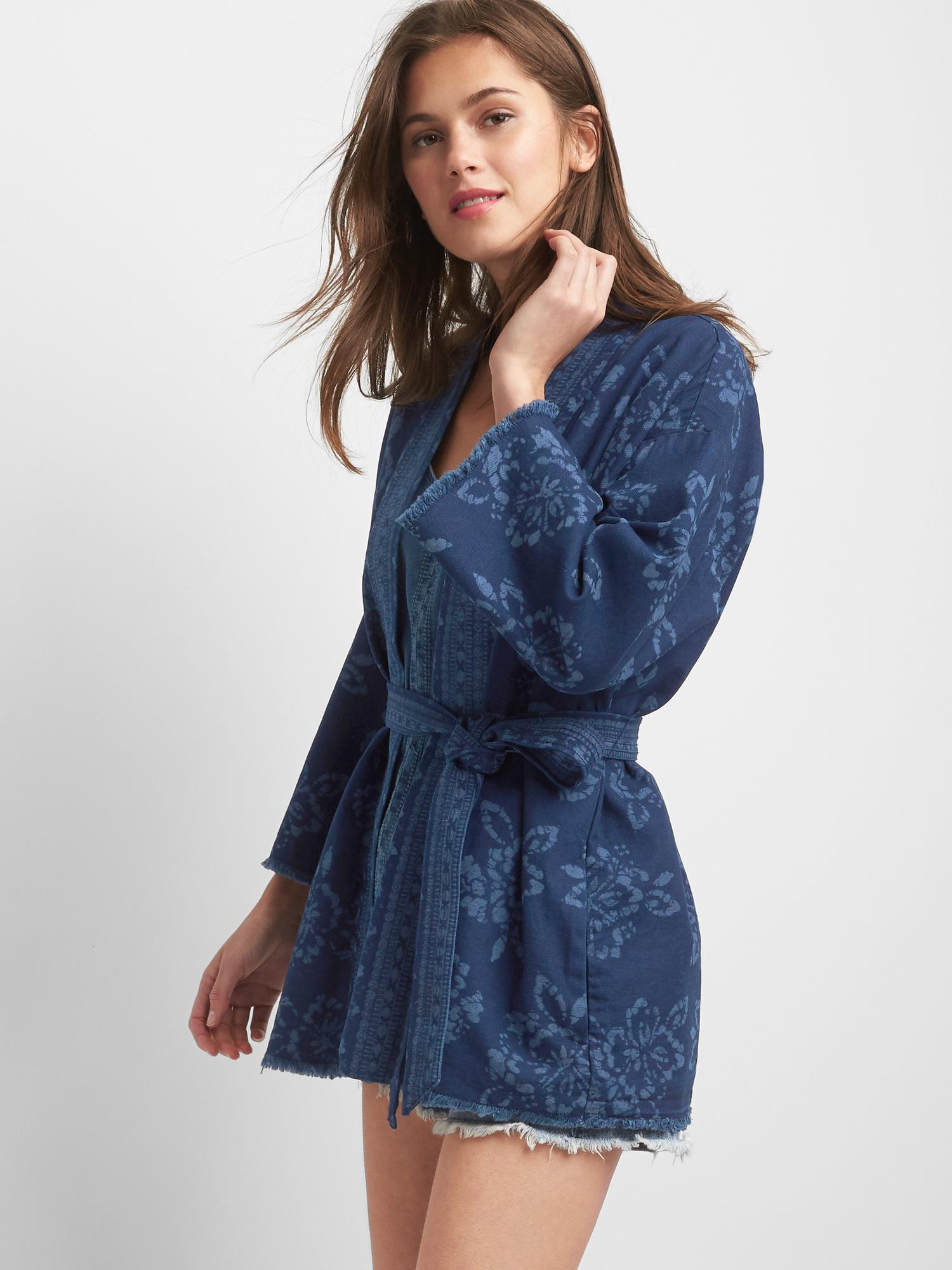 Indigo floral wrap jacket Gap