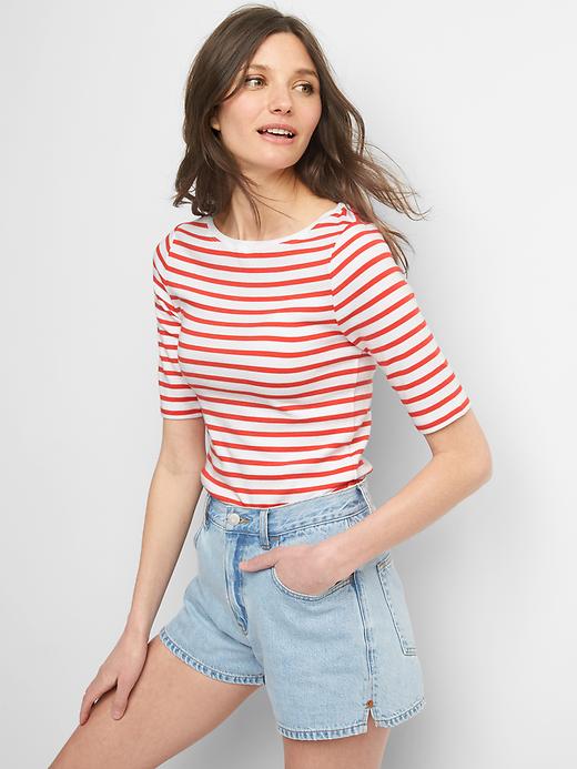 View large product image 1 of 1. Stripe elbow sleeve modern boatneck