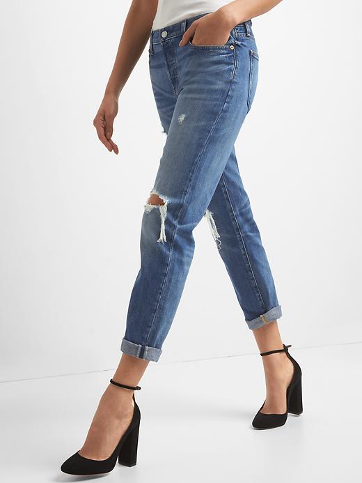 Image number 5 showing, Mid Rise Relaxed Boyfriend Jeans with Destruction