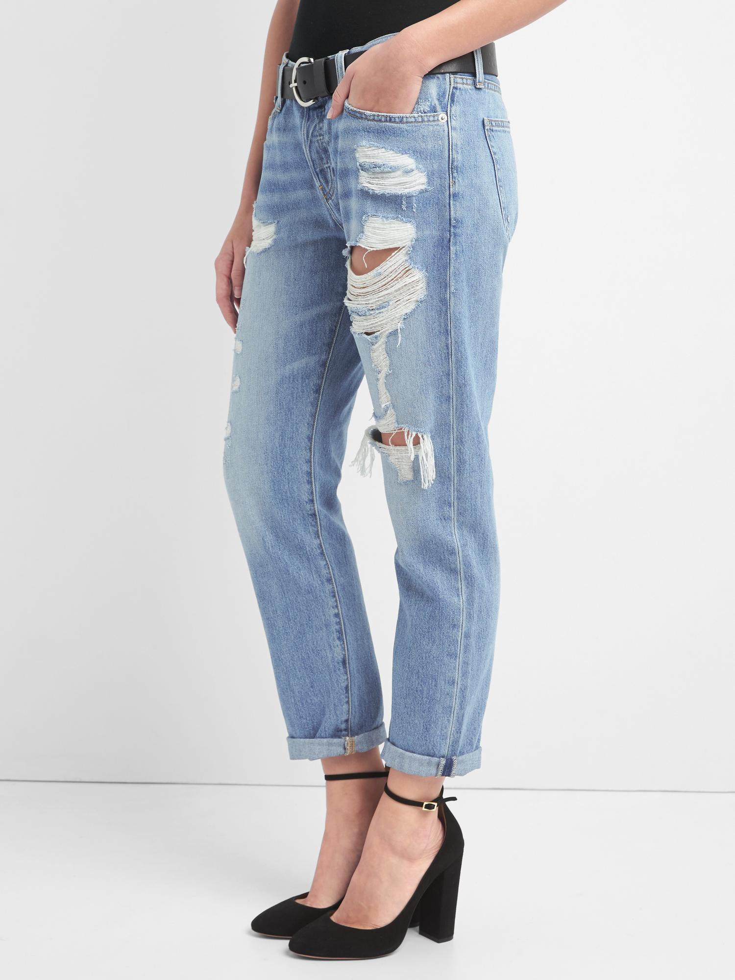 Mid rise destructed relaxed boyfriend jeans Gap