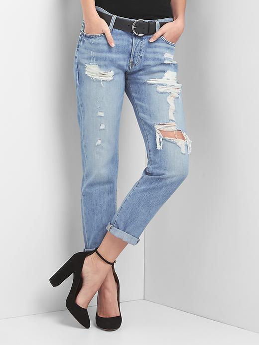 Image number 1 showing, Mid rise destructed relaxed boyfriend jeans