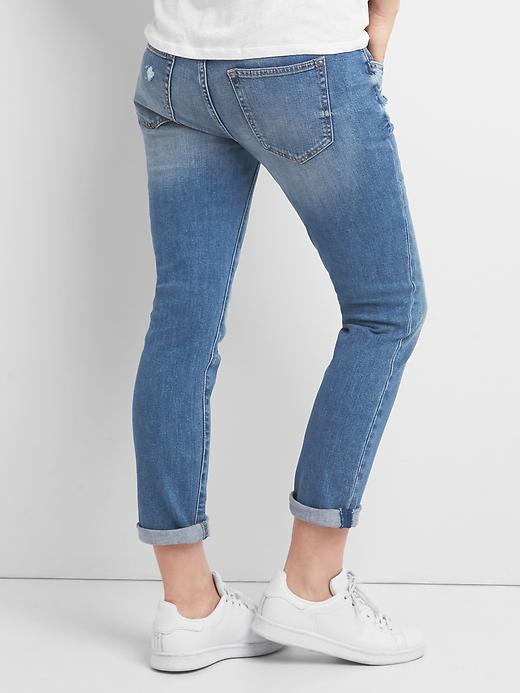2 of 8 showing, with the color light indigo of product Maternity full panel distressed best girlfriend jeans