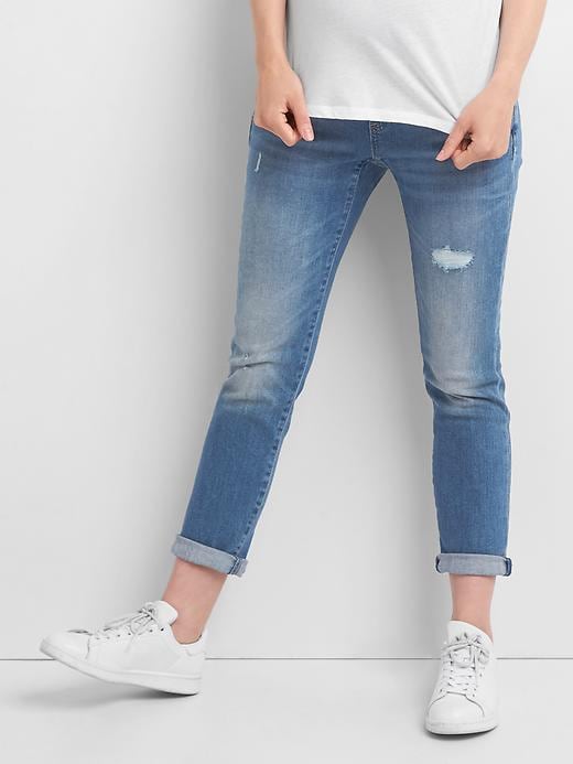 1 of 8 showing, with the color light indigo of product Maternity full panel distressed best girlfriend jeans