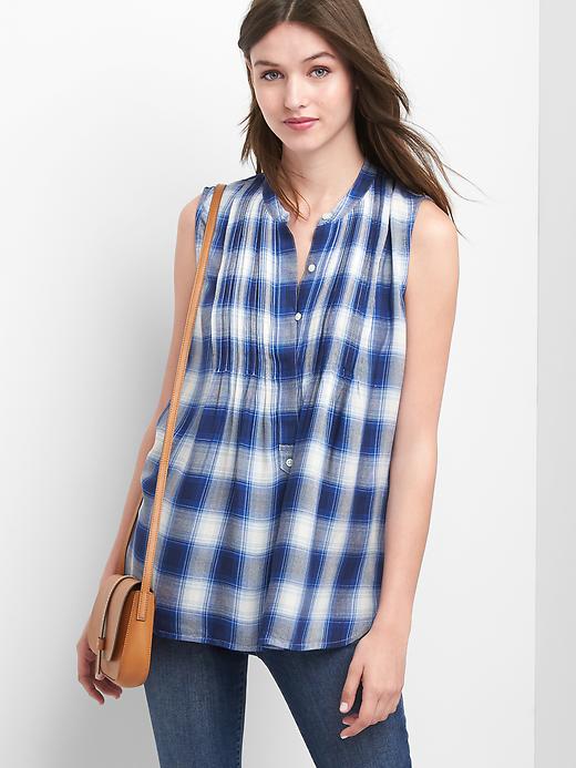 Image number 1 showing, Pintuck plaid sleeveless shirt