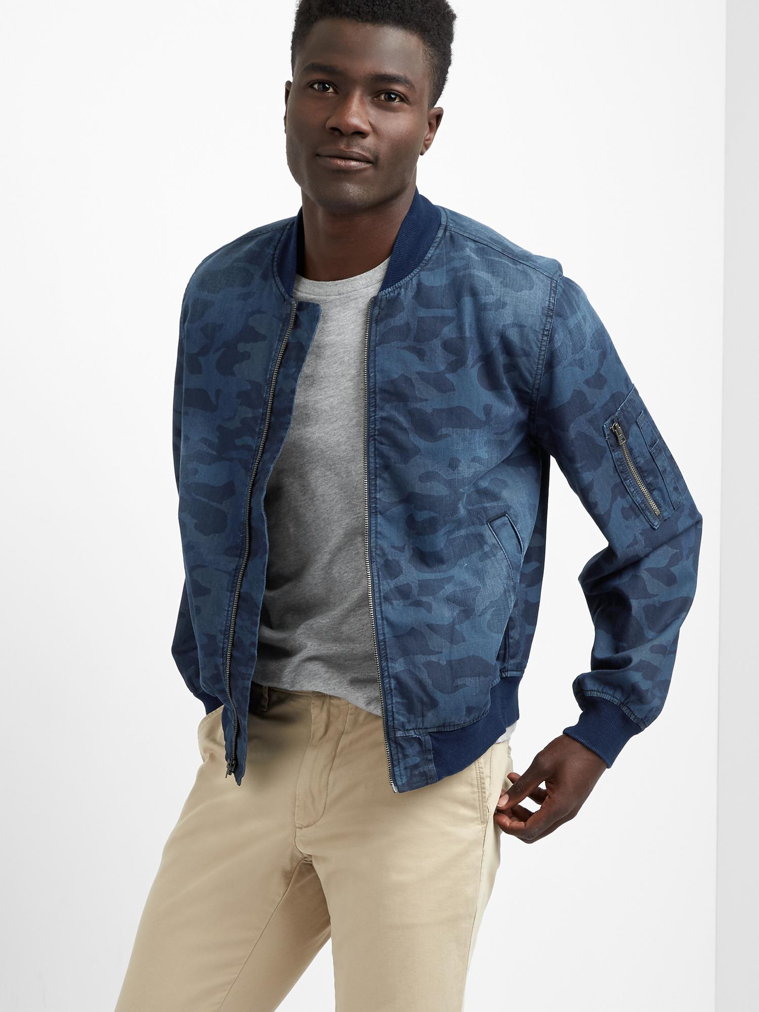 Blue camo bomber best sale jacket