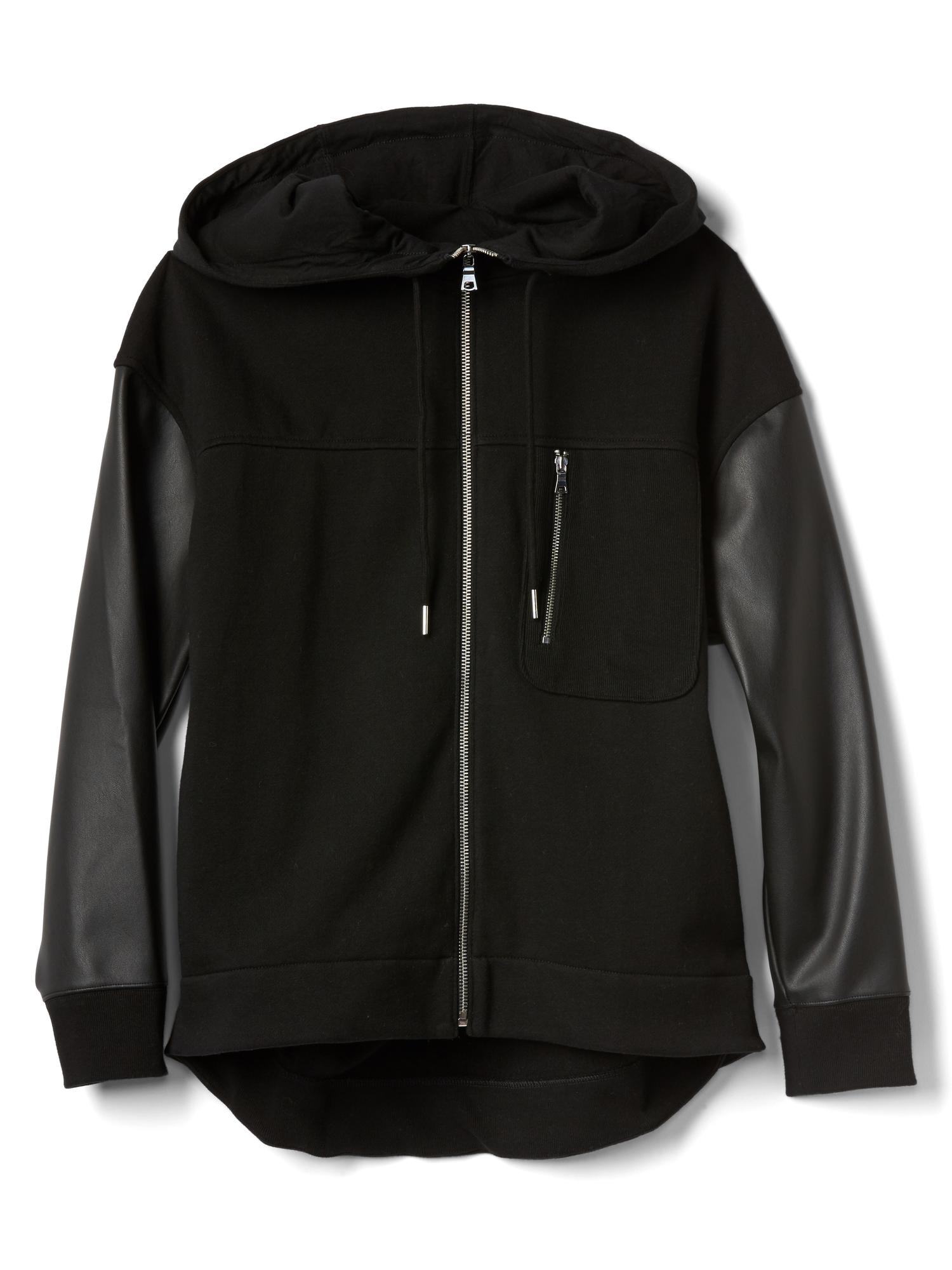 Leather-sleeve zip hoodie | Gap