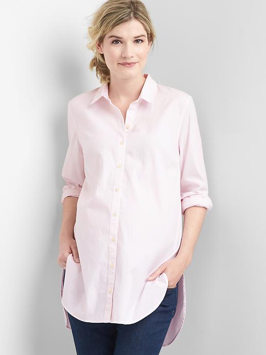 1 of 8 showing, with the color new babe pink of product Maternity Tailored Oxford Tunic Shirt
