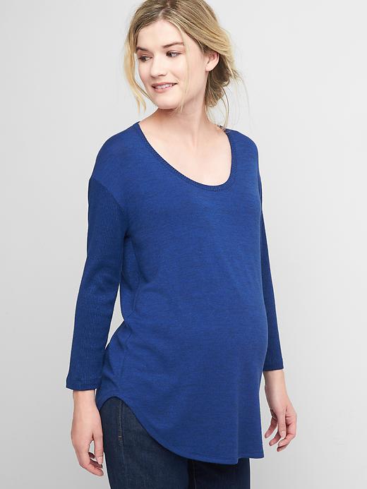 View large product image 1 of 1. Maternity softspun knit three-quarter scoop tee