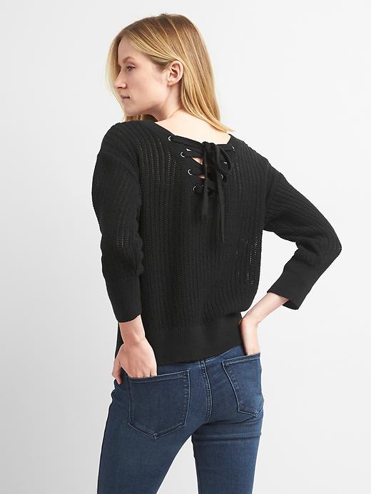 1 of 8 showing, with the color true black of product Lace-back three quarter sleeves